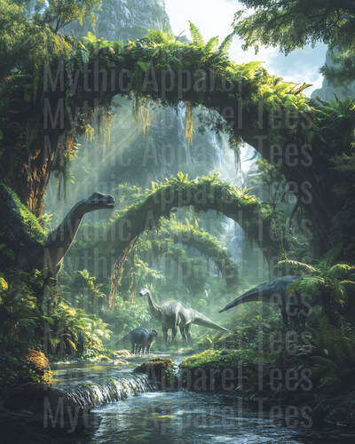 Prehistoric Brachiosaurus Herd in Lush Jungle Paradise with Waterfall and Fern Archway
