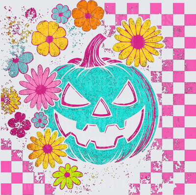 Halloween Teal Glitter Jack-O-Lantern with Retro Floral Daisy Blooms and Pink Checkered Background