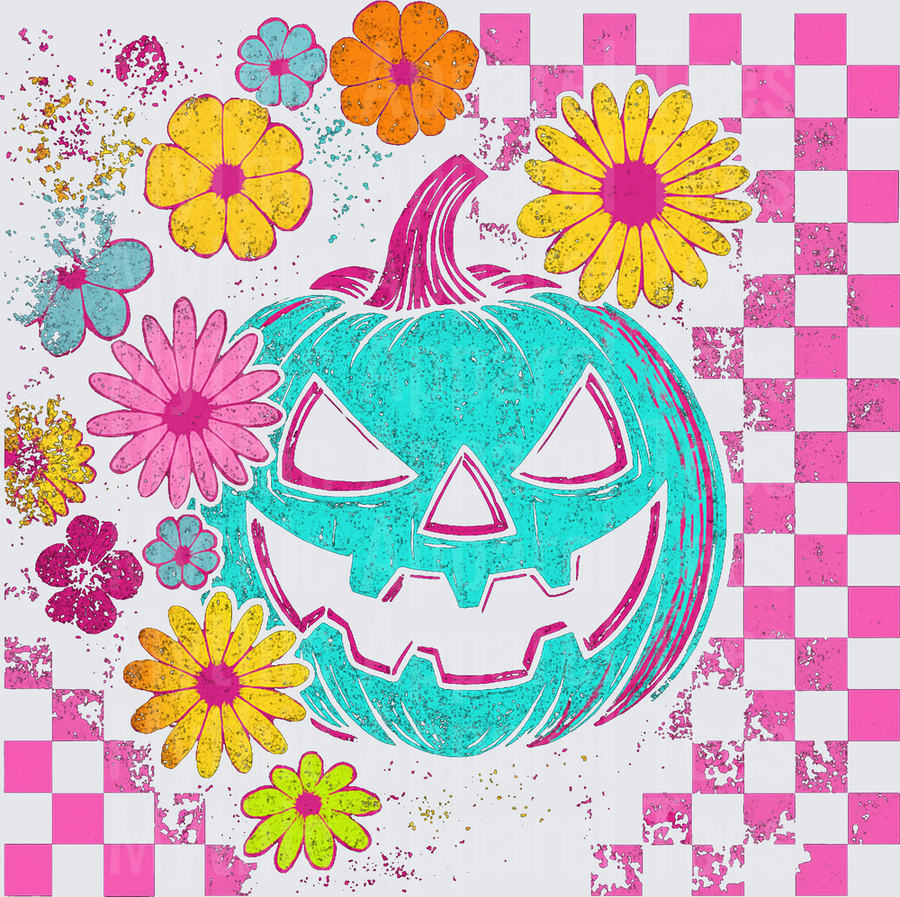 Halloween Teal Glitter Jack-O-Lantern with Retro Floral Daisy Blooms and Pink Checkered Background