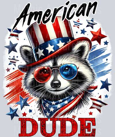 American Dude Racoon with glasses DTF Patriotic Transfers