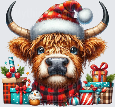 Highland Christmas Cow Santa Hat Plaid Scarf Holiday Gifts