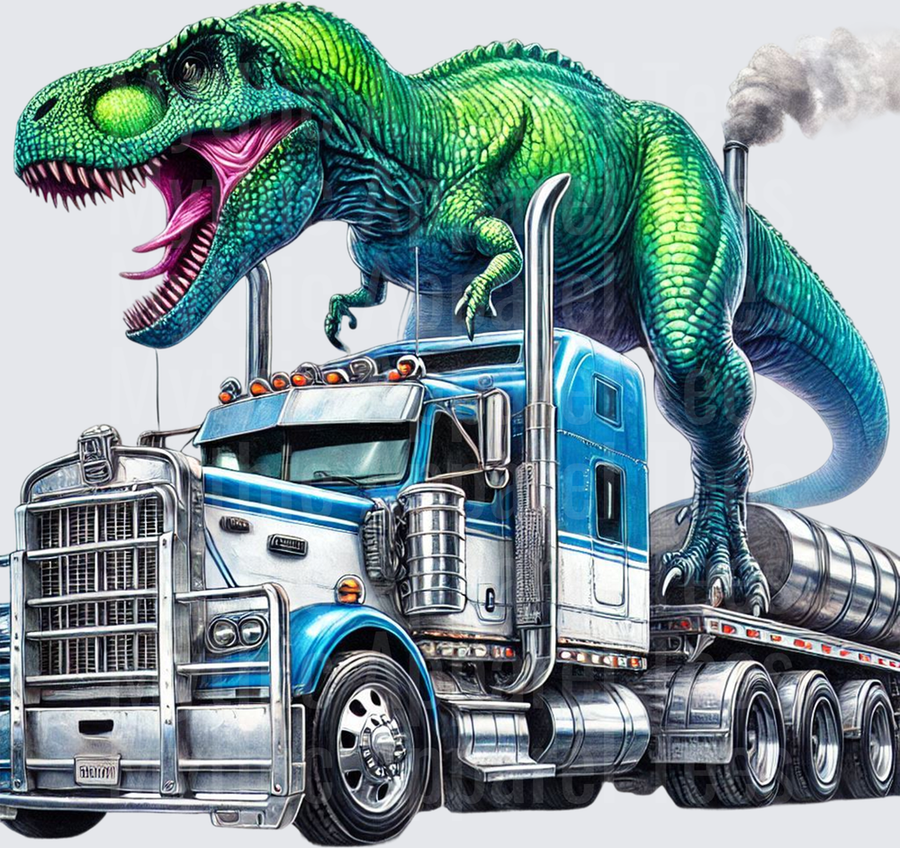 Roaring T-Rex Riding Blue Semi Truck with Chrome Exhaust