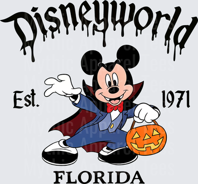 Mickey Mouse Vampire Halloween Disney World Florida Est 1971 Dripping Text Jack-O-Lantern Trick or Treat