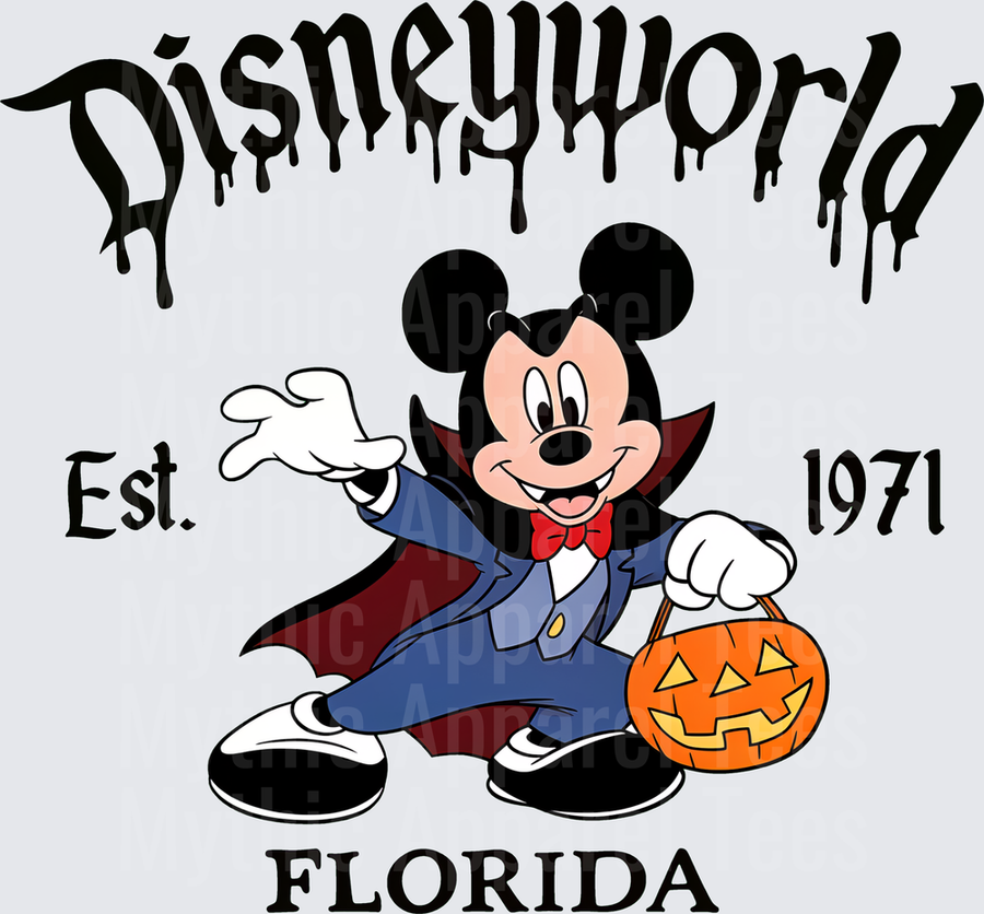 Mickey Mouse Vampire Halloween Disney World Florida Est 1971 Dripping Text Jack-O-Lantern Trick or Treat
