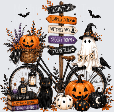 Halloween Spooky Town Bicycle Ghost Boo Pumpkin Sign Scene