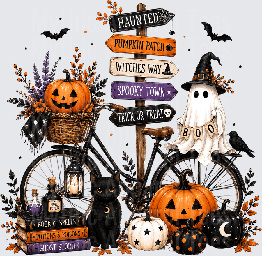 Halloween Spooky Town Bicycle Ghost Boo Pumpkin Sign Scene