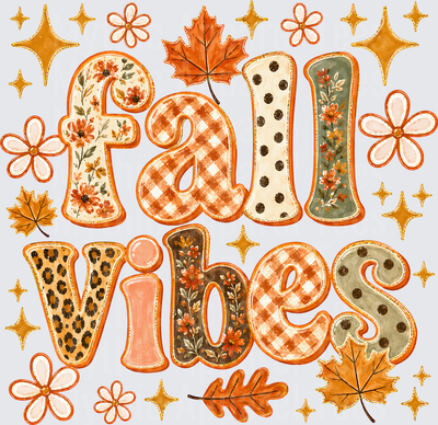 Fall Designs Fall Vibes Patchwork Letter Art with Leopard Print Gingham Floral Polka Dot Patterns Autumn Leaves Daisy Flowers and Gold Sparkles