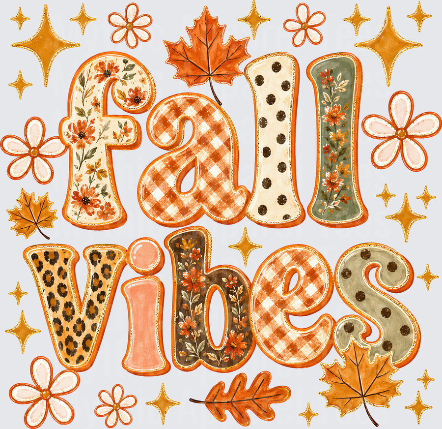 Fall Designs Fall Vibes Patchwork Letter Art with Leopard Print Gingham Floral Polka Dot Patterns Autumn Leaves Daisy Flowers and Gold Sparkles