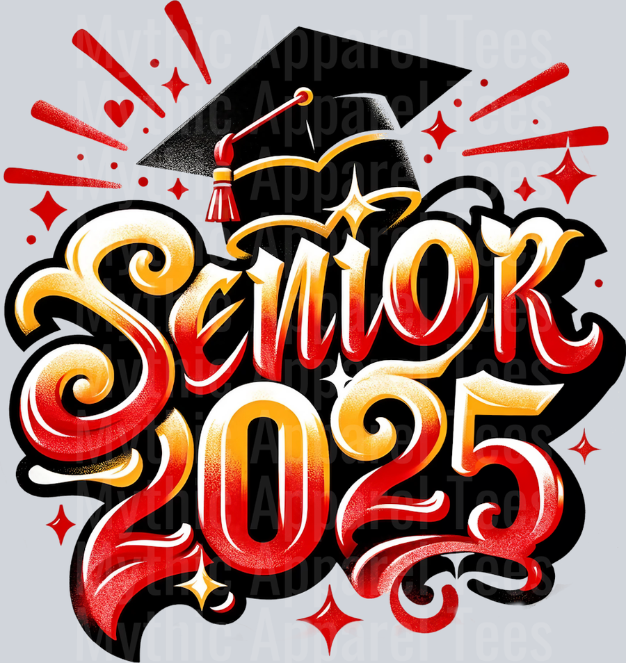 0045 Senior 2025 Airbrushed Red and Gold DTF 2025 Senior Graduation Transfers