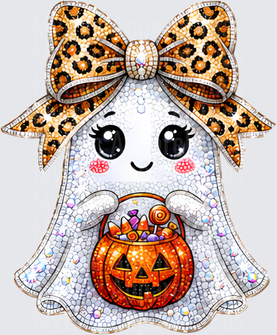 Halloween Bling Cute Ghost Girl with Leopard Print Bow Holding Jack-O-Lantern Candy Bucket Mosaic Glitter Design