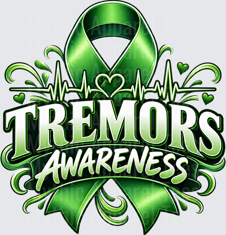 Tremors Awareness Green Ribbon Heartbeat Design with Swirls and Hearts