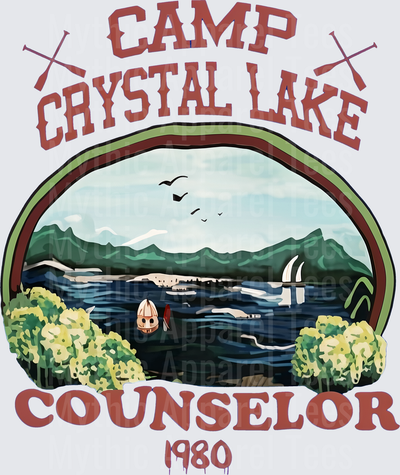 Camp Crystal Lake Counselor 1980 Friday the 13th Horror Vintage Badge with Lake Scene and Crossed Paddles