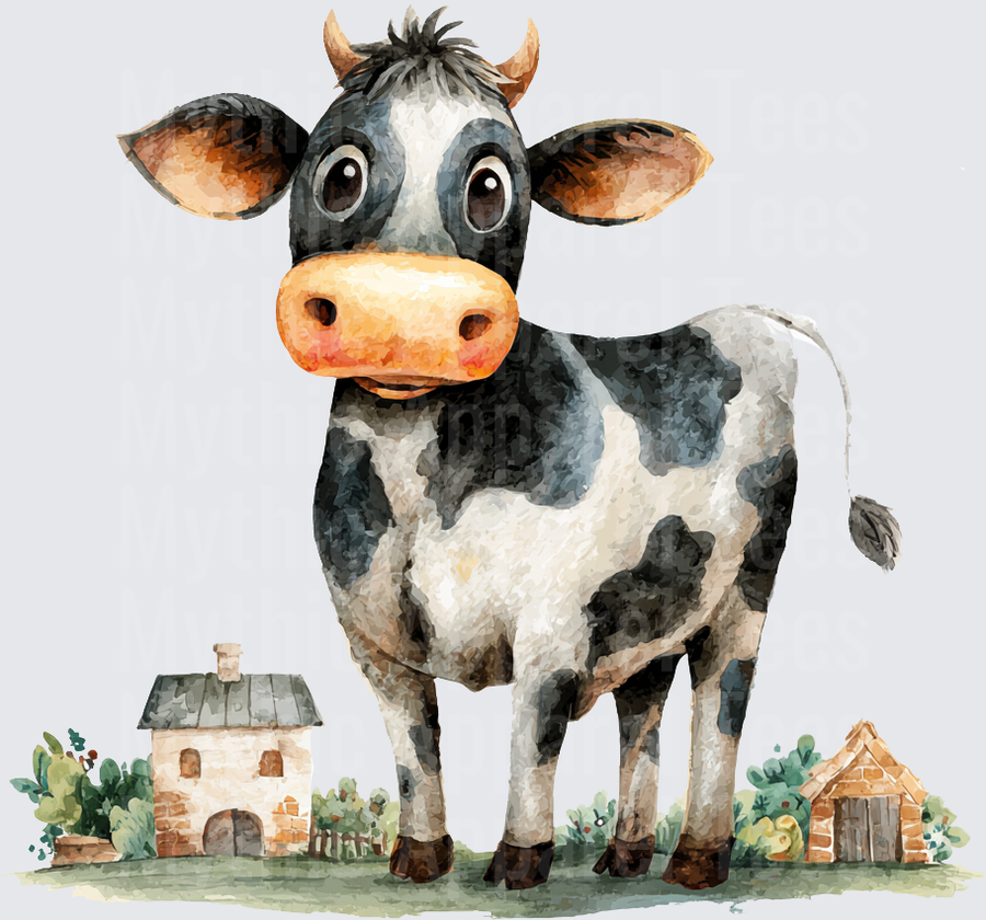 Cute Watercolor Black and White Spotted Dairy Cow with Big Eyes Standing on Green Grass with Rustic Farm Buildings