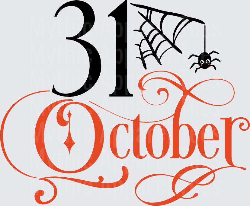 October 31 Halloween Date Typography with Spider Web and Cute Hanging Spider