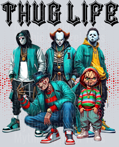 Black Pointy Letters Cartoon THUG LIFE Freddy Krueger Jason Vorhees Michael Myers Pennywise Frankenstein Gangster Pose Horror Movie DTF Thug Life Transfers