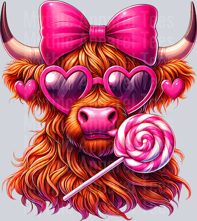 209 Valentines Highland Cow Coquette Bow Heart Glasses Lollipop T-Shirt