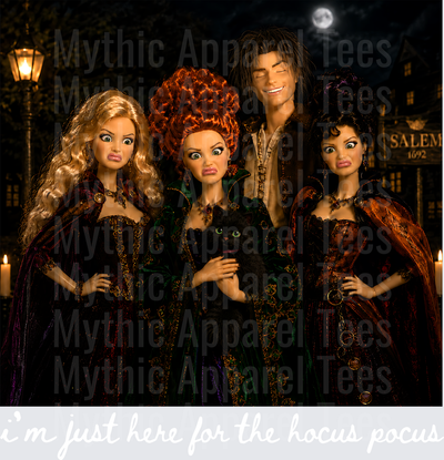 Sanderson Sisters and Billy Butcherson Hocus Pocus Doll-Style Salem 1692 Halloween Night Scene with Black Cat