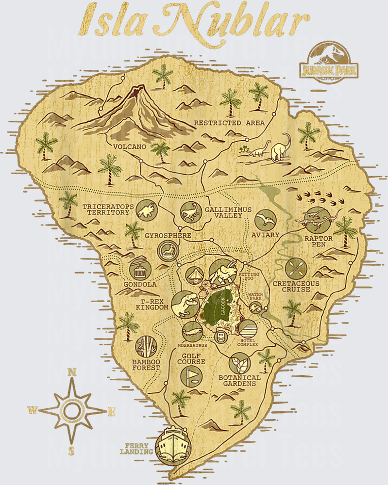 Jurassic Park Isla Nublar Vintage Treasure Map with Dinosaur Attractions and Compass Rose