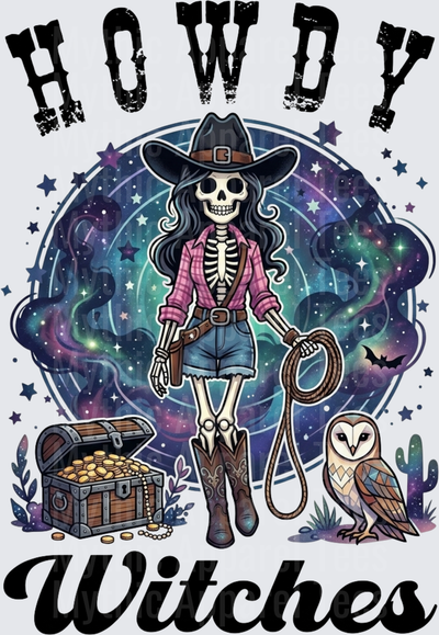 Howdy Witches Skeleton Cowgirl with Barn Owl Treasure Chest and Galaxy Background Halloween Western