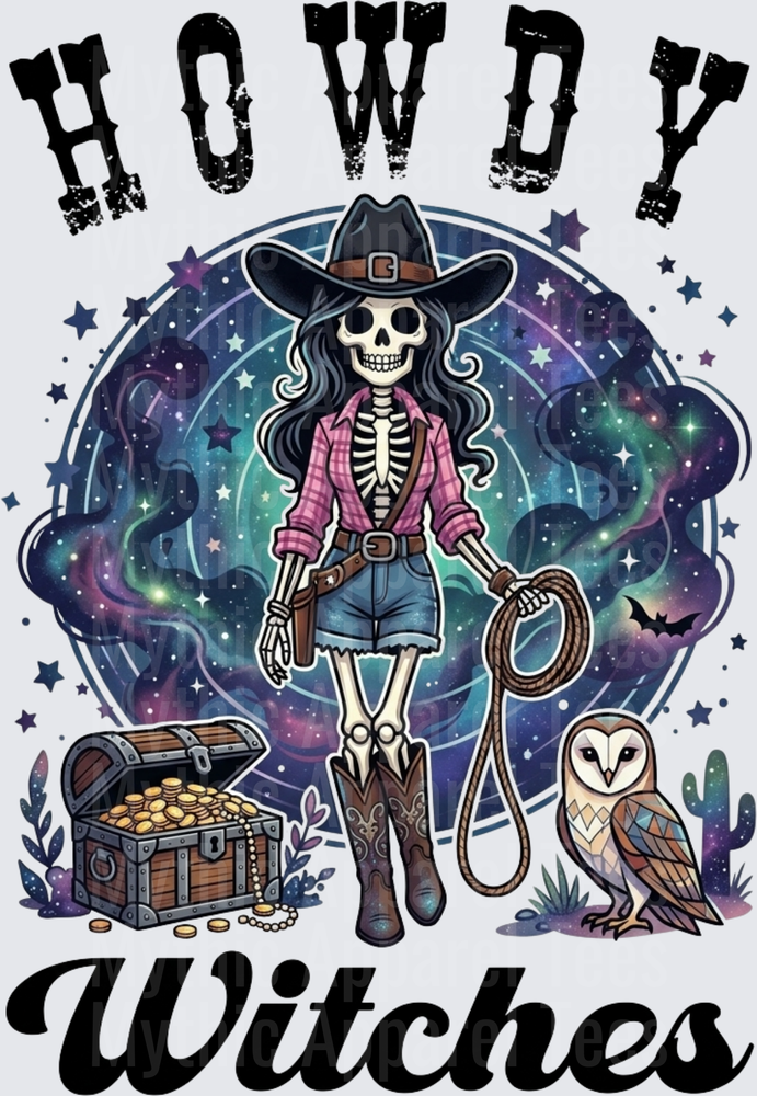 Howdy Witches Skeleton Cowgirl with Barn Owl Treasure Chest and Galaxy Background Halloween Western