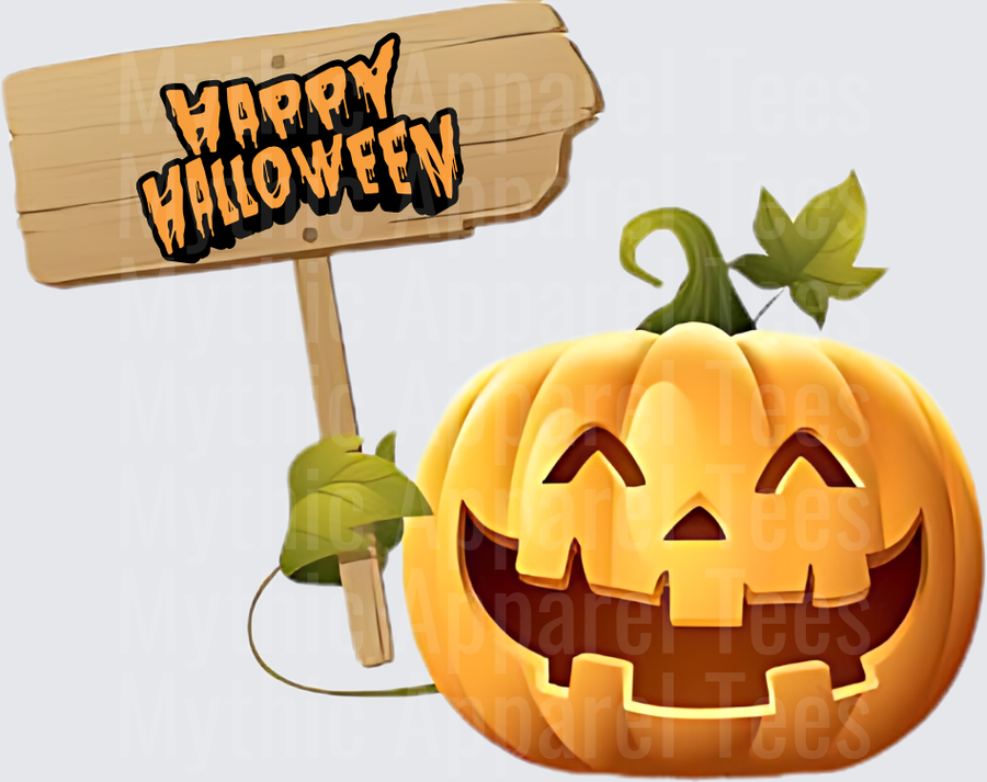 Happy Halloween Jack-O-Lantern with Wooden Sign and Vine Leaves