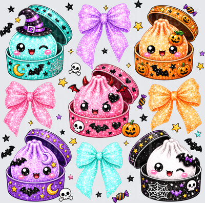 Create Dumplings Kawaii Halloween Spooky Cute Dumpling Characters in Glitter Gift Boxes with Bows Pumpkins Bats and Skulls Bundle Sheet