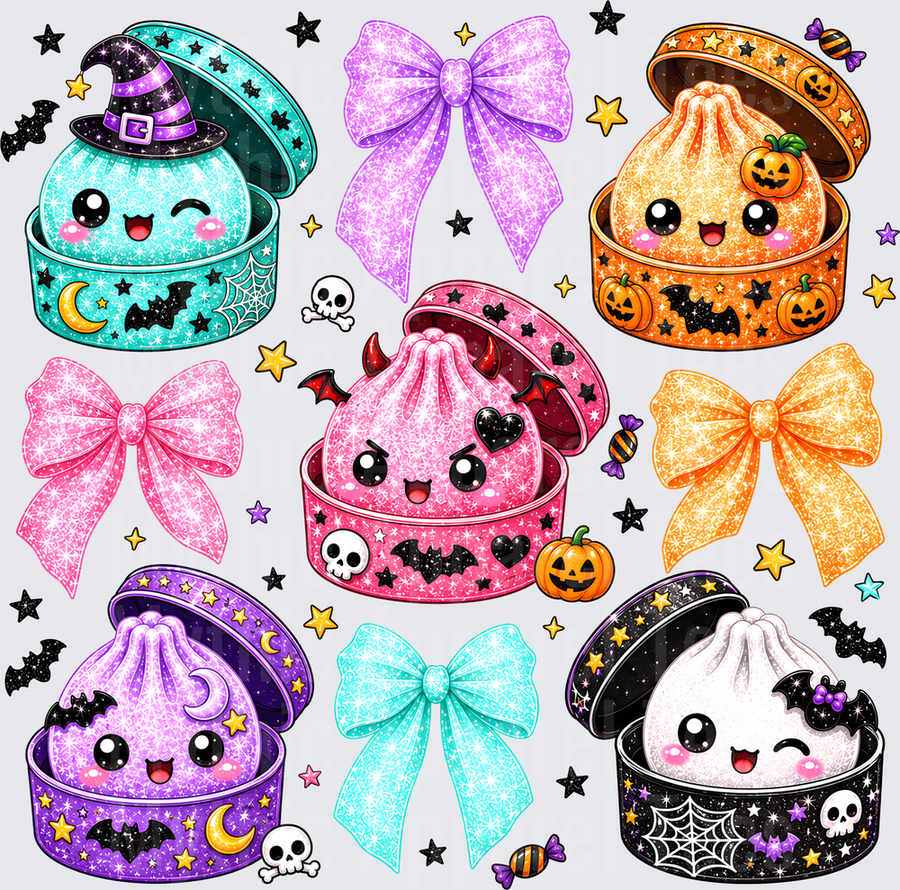 Create Dumplings Kawaii Halloween Spooky Cute Dumpling Characters in Glitter Gift Boxes with Bows Pumpkins Bats and Skulls Bundle Sheet