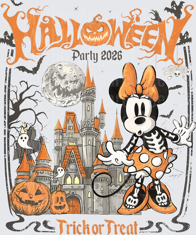 Minnie Mouse Skeleton Costume Halloween Party 2026 Trick or Treat Castle Pumpkin Bat Ghost Spooky Night Scene