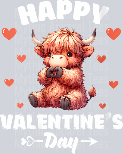 198 Womens Happy Valentines Day Highland Cow Animal Lover Hearts V-Neck T-Shirt
