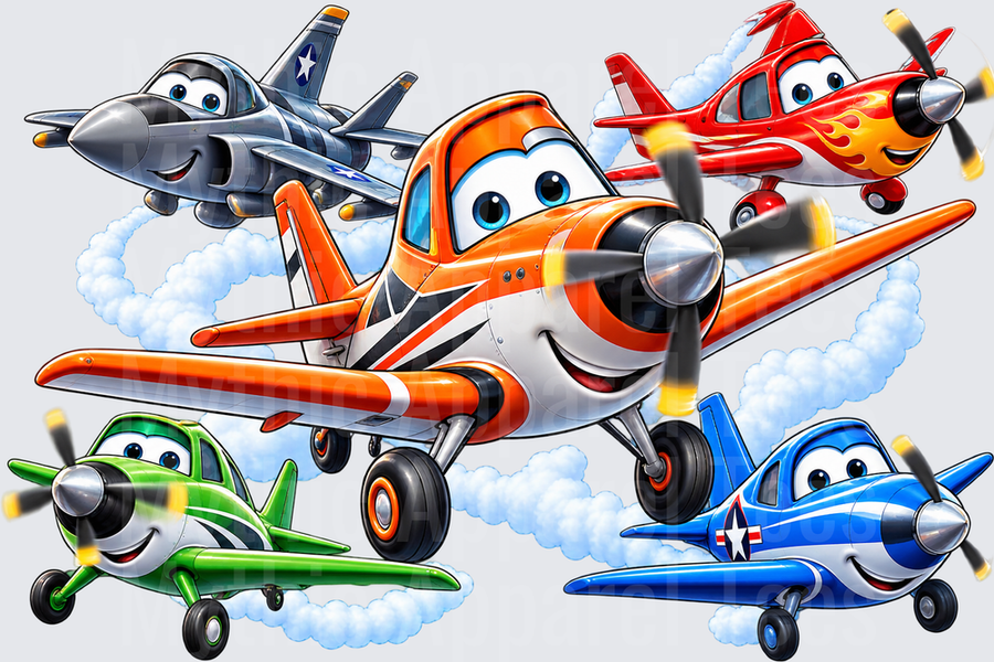 Cartoon Animated Smiling Airplane Squad Flying Through Clouds - Orange Propeller Plane, Blue Jet Fighter, Red Flame Racer, Green Biplane, Blue Military Aircraft Group