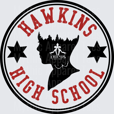 Stranger Things Hawkins High School Circular Badge with Demogorgon Silhouette and Friends Don't Lie