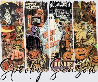 Spooky Season Horror Halloween Collage with Michael Myers Fright Night Trick or Treat Ghost Skeletons Jack-o-Lanterns and Vintage Pin-Up Panel Design