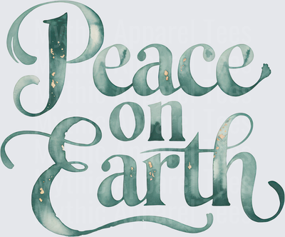 Peace on Earth Watercolor Teal Script Lettering with Gold Fleck Accents Holiday Sentiment