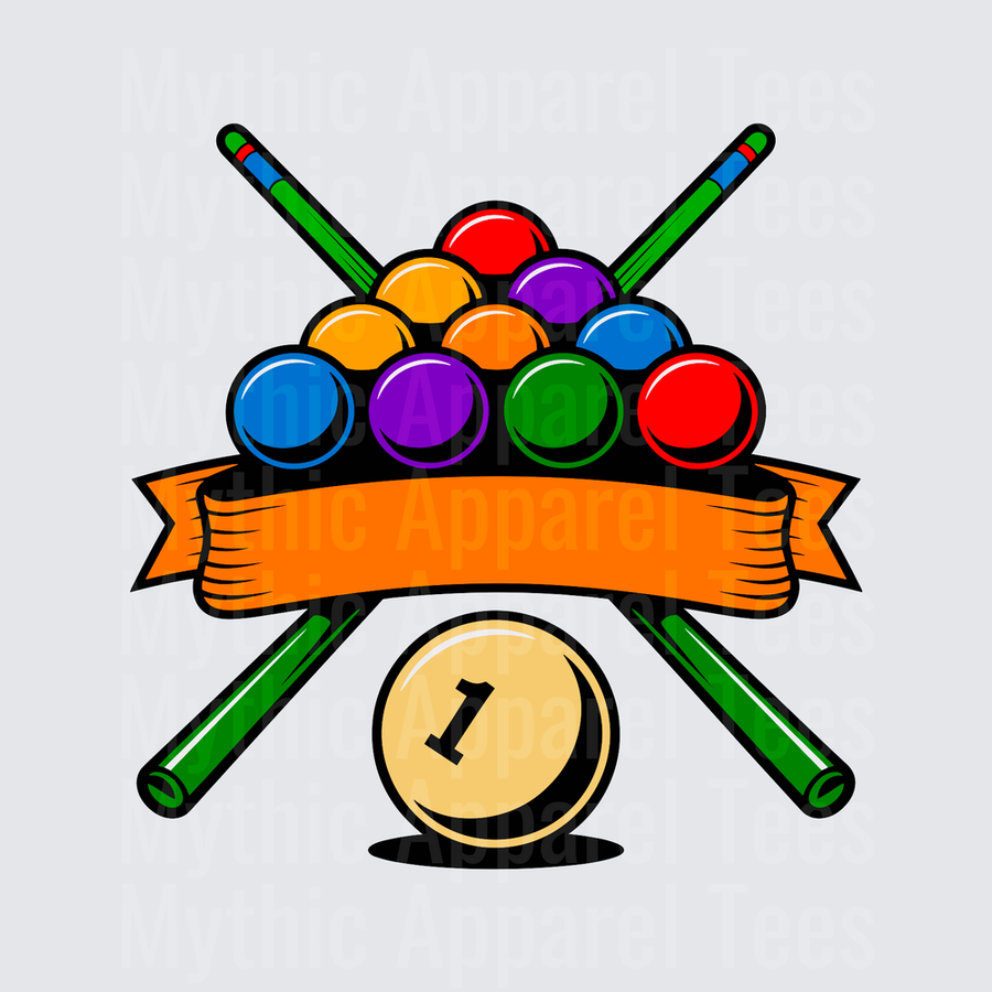 Billiards Pool Ball Rack with Crossed Cue Sticks and Orange Banner with Number 1 Ball