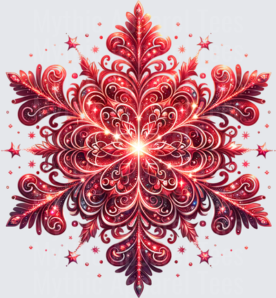 Glittering Red Ornate Snowflake Mandala with Sparkling Stars and Swirling Filigree