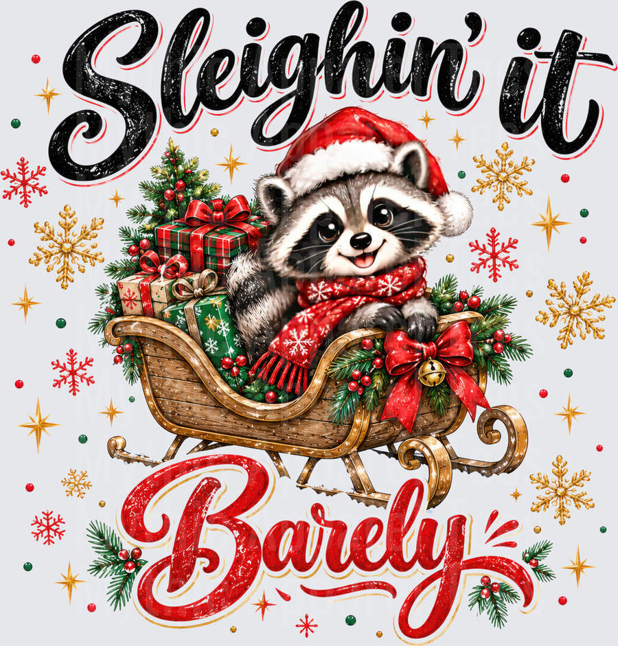 Sleighin' It Barely Cute Raccoon in Santa Hat and Red Scarf Riding Christmas Sleigh with Gifts and Snowflakes
