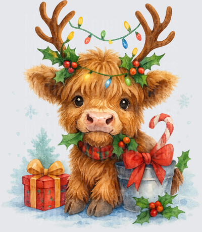 Highland Christmas Cow Baby Calf Antlers Lights Holly Gifts