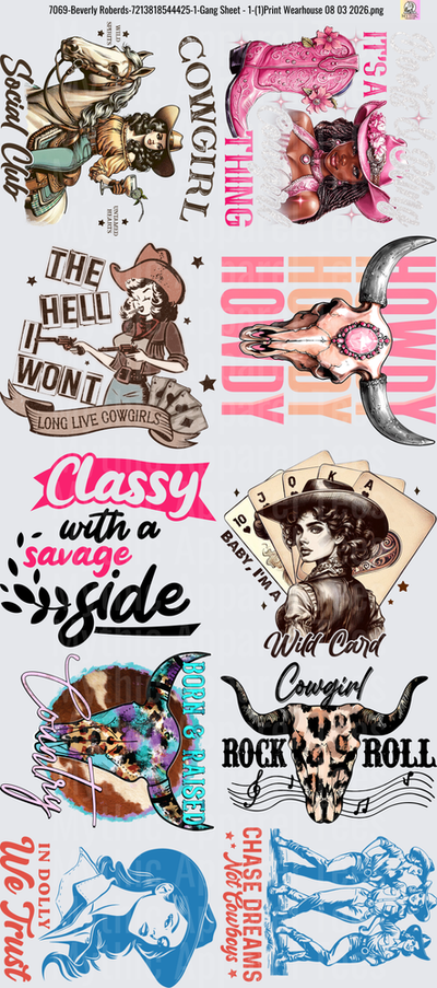 Gang Sheet FULL SIZE DESIGNS Cowgirl Western Themed Design Collection Bundle