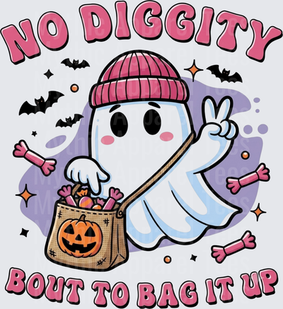 No Diggity Bout To Bag It Up Cute Ghost Wearing Pink Beanie Holding Jack-O-Lantern Candy Bag Peace Sign Halloween