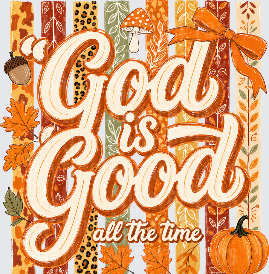 Fall Designs God Is Good All The Time Autumn Retro Script with Pumpkin Mushroom Acorn Leopard Print Striped Background and Orange Bow