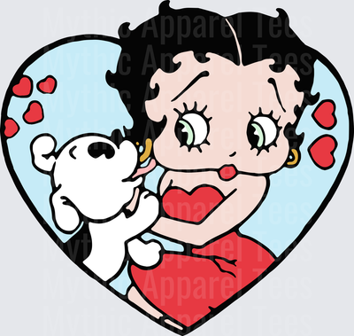 Betty Boop Holding Pudgy the Dog Inside Red Heart with Floating Hearts Blue Background