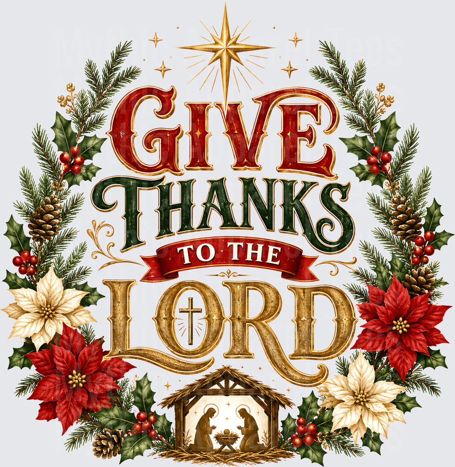 Give Thanks To The Lord Christmas Nativity Scene with Poinsettias Holly and Star of Bethlehem