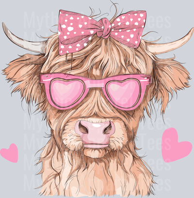 Valentines Day Heart Highland Cow with Heart Glasses DTF Valentines Day Transfers