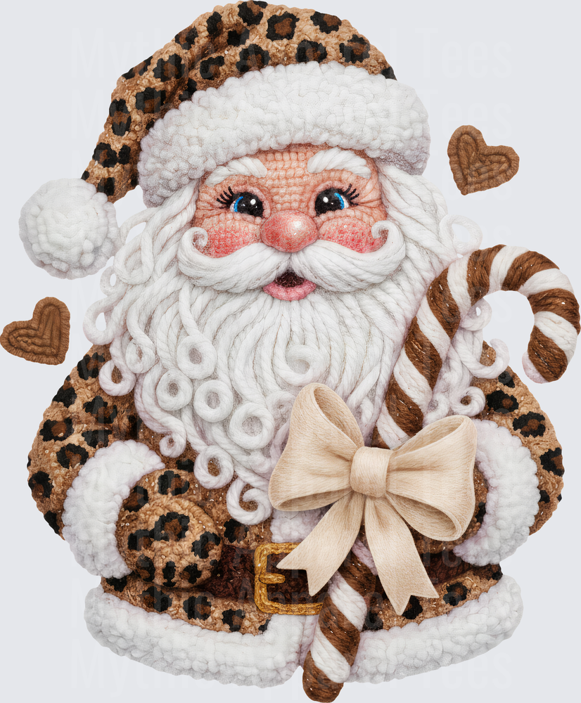Crochet Yarn Textured Santa Claus Leopard Print Suit Candy Cane Bow Boho Christmas