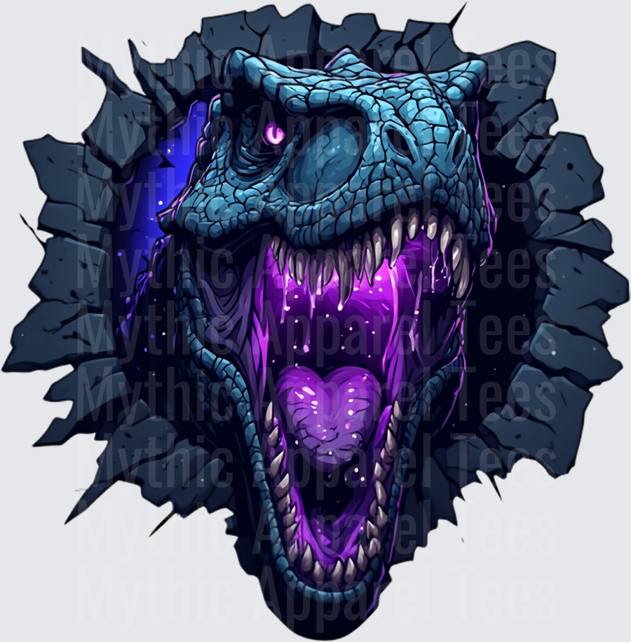 Blue Raptor Bursting Through Cracked Stone Wall with Glowing Purple Eyes and Neon Mouth
