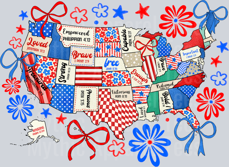 Retro American Map 2 Bows Red White and Blue Patriotic DTF 4th of July Transfers