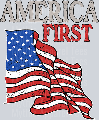 America First Flag flying red white and blue DTF Maga Transfers