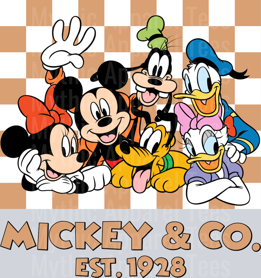 Tan Checkers Mickey and Co Classic Mickey Mouse Crew DTF Disney Transfers