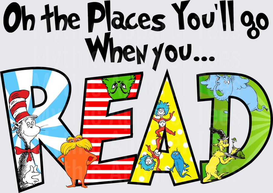 Dr. Seuss Oh The Places You'll Go When You READ with Cat in the Hat Lorax Thing 1 Thing 2 Truffula Trees and Elephant Characters