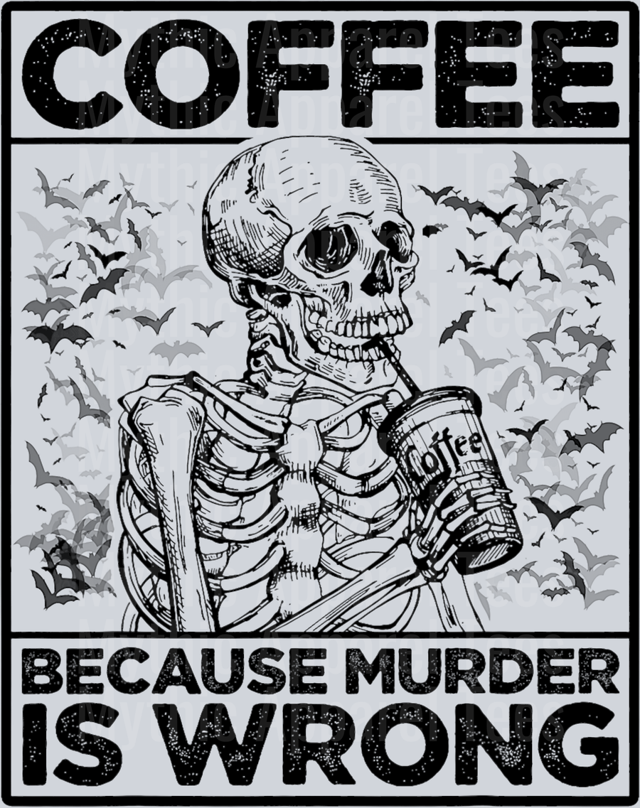 Coffee because murder is wrong skull with bats and book look DTF Coffee Transfers